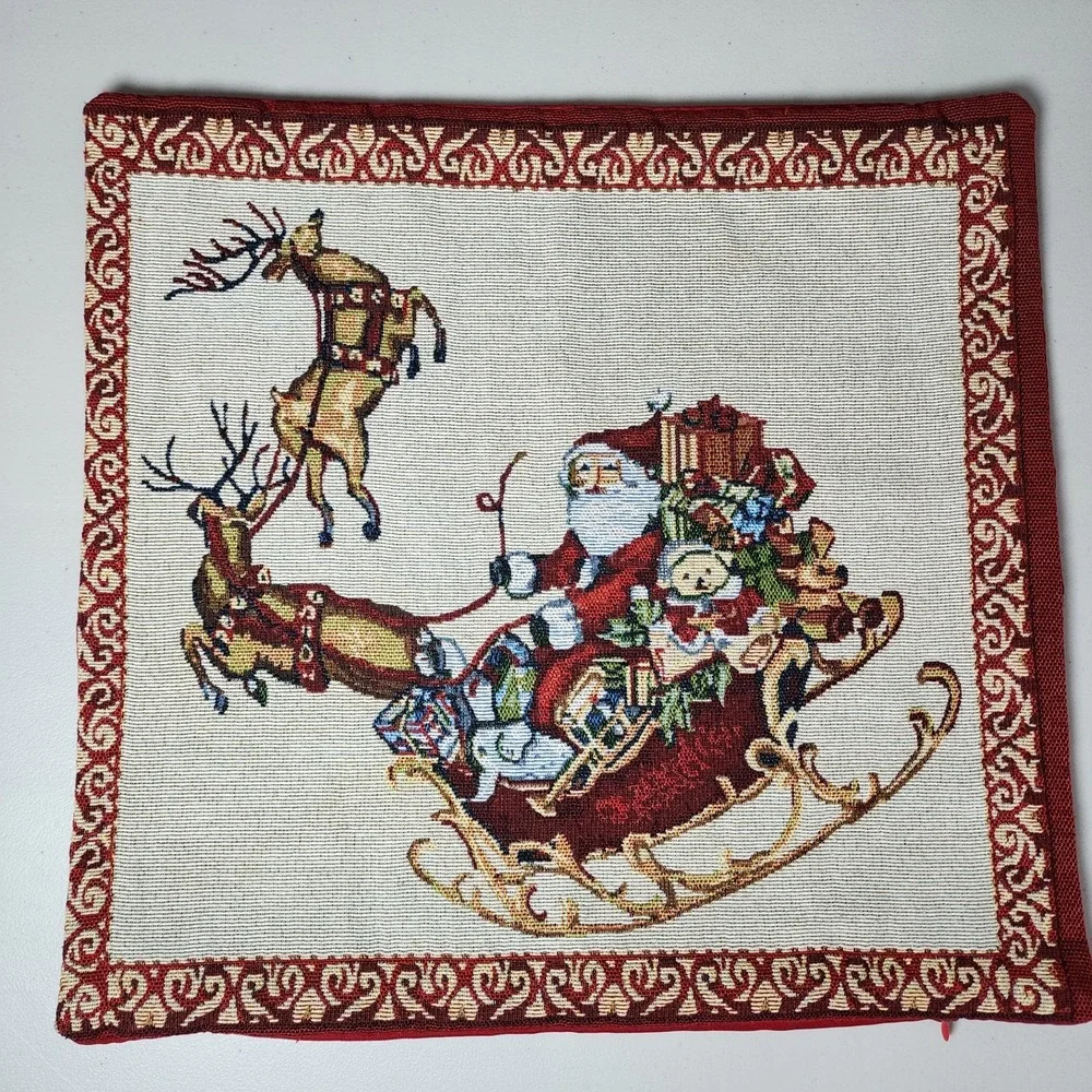 Christmas Santa With Reindeer Woven Pillow Covers Shams Set Of 2 Holiday Decor